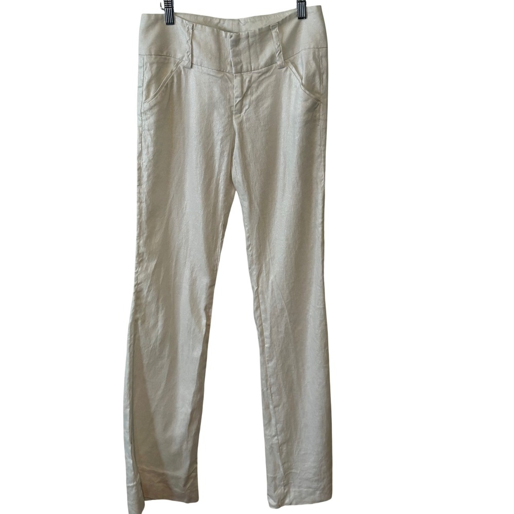 Alice + Olivia Ivory Gold Metallic Linen Blend Bootcut Flare‎ Pants in Size 4